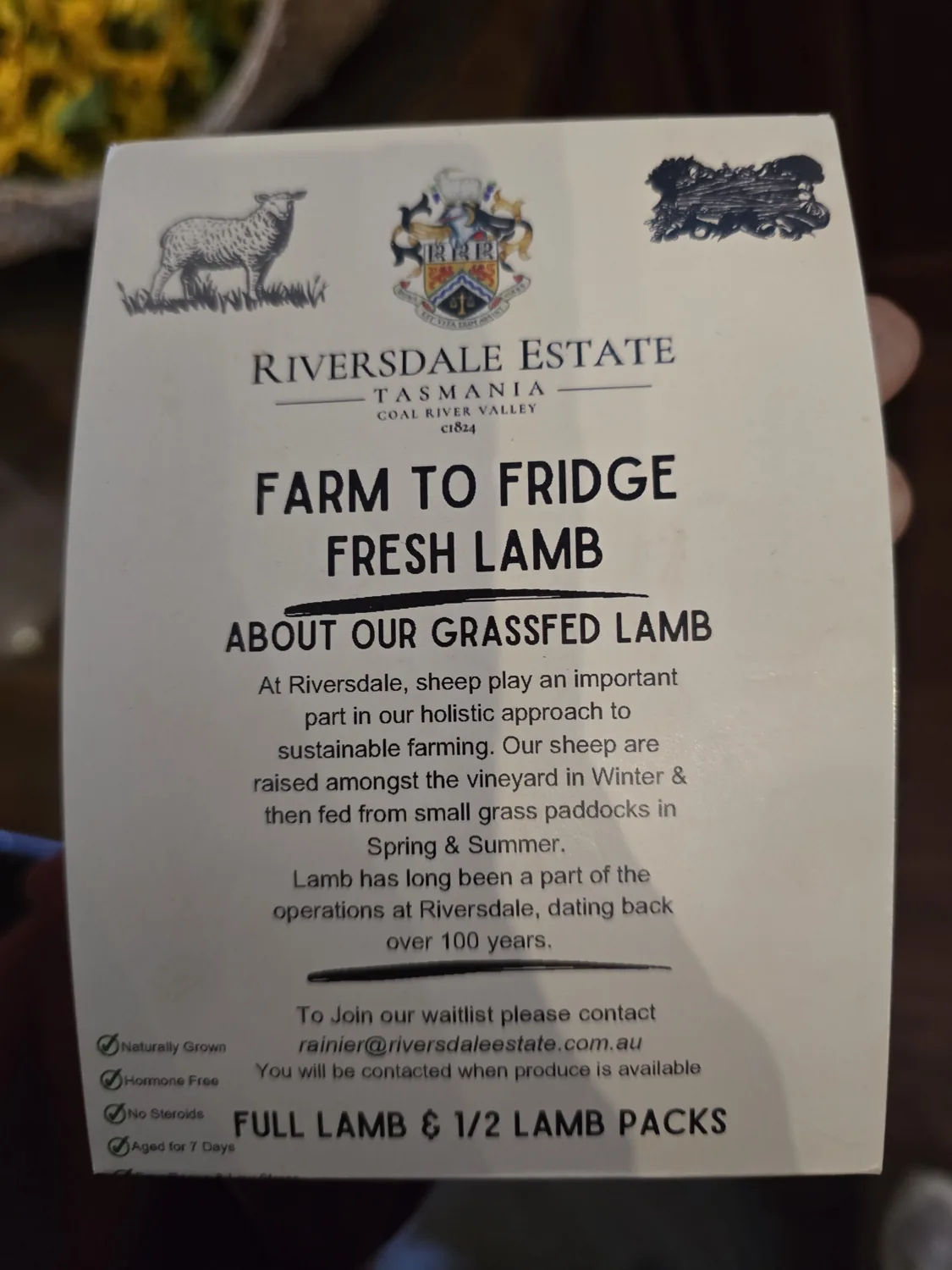 酒莊嘅 Farm to Fridge 羊肉介紹單張